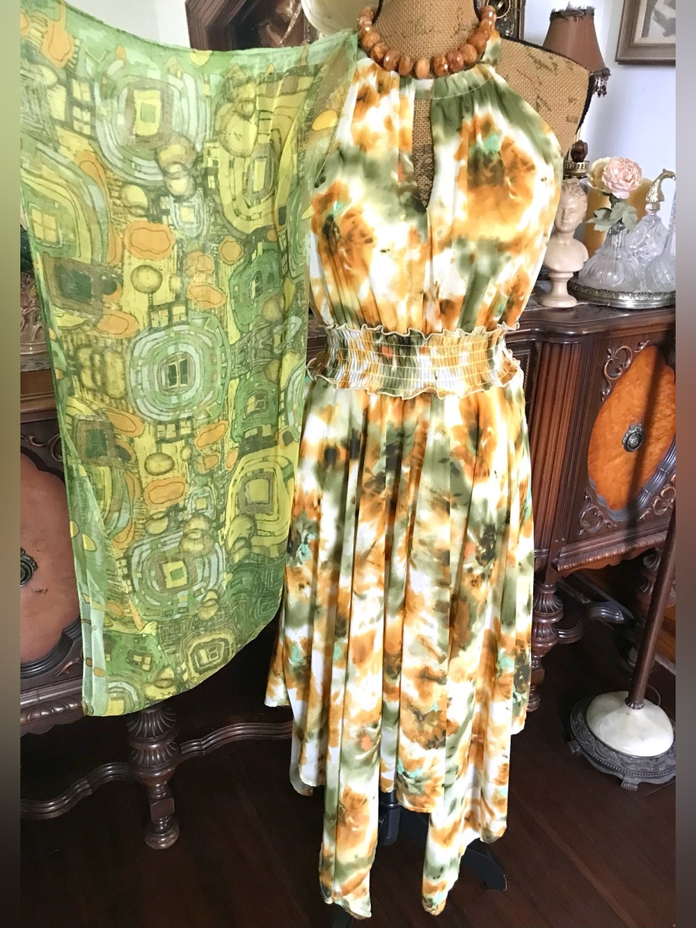 Vintage Boho Hippie Fall Florals Halter Tiered Chiffon Garden Dress/Shaw Set